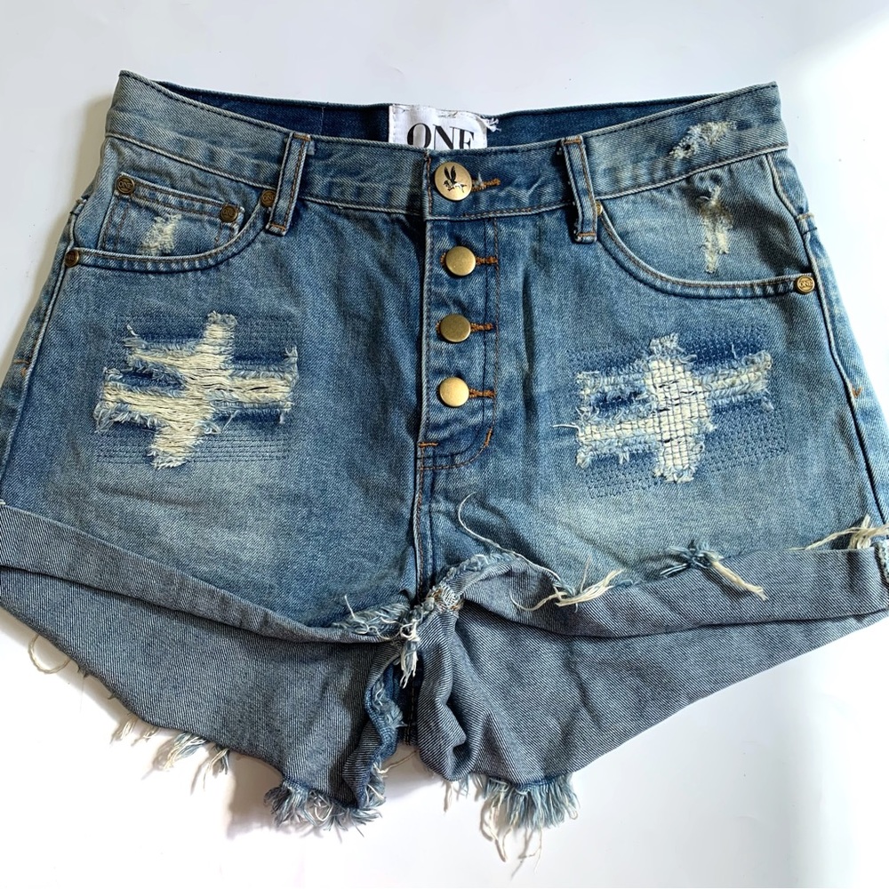 One Teaspoon High Rise Hawks Distressed Jean Denim Shorts 28